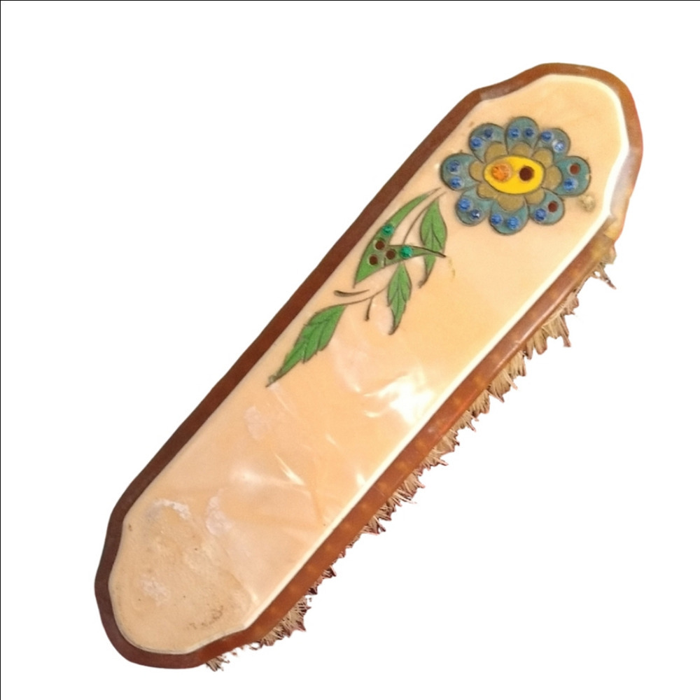 Vintage Cream Green Floral Hair Brush